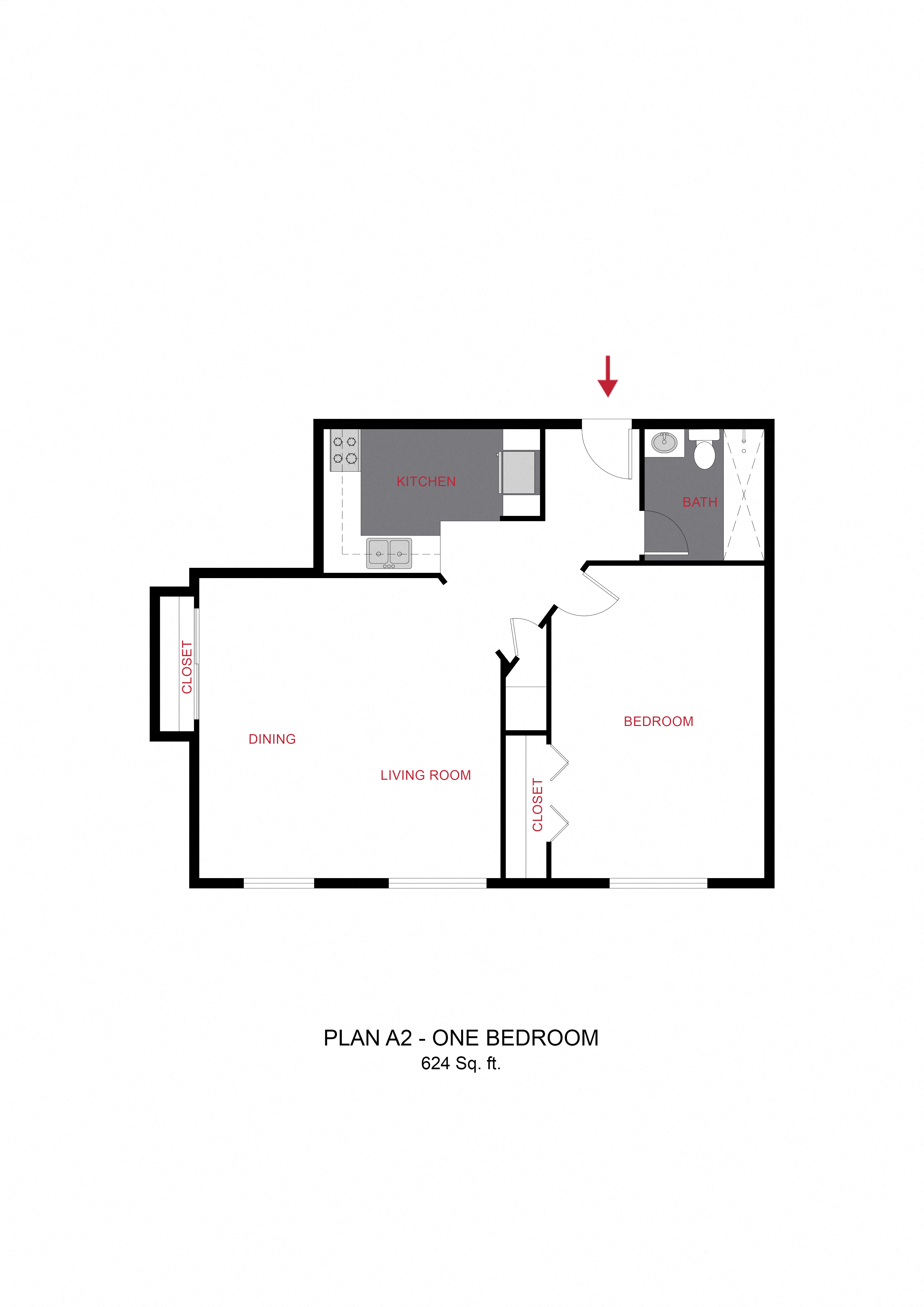 Floor plan for 1 bed, 1 bath, 624 sqft